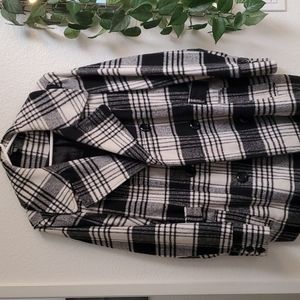 Black-and-white checkered pea coat.